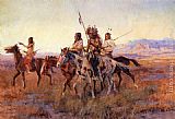 Charles Marion Russell Canvas Paintings - Four Mounted Indians